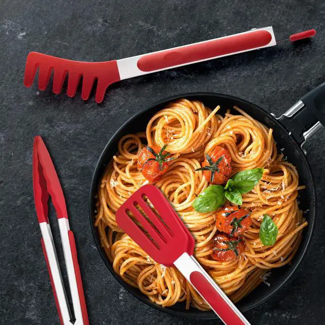 Alt view image 5 of 7 - 3-Pack Kitchen Tongs for Cooking with Silicone Tip,9 Inch,Red