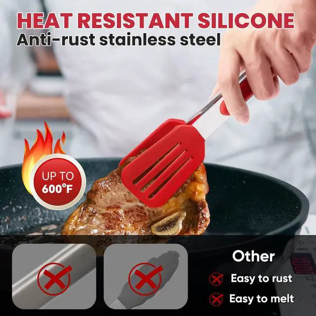 Alt view image 2 of 7 - 3-Pack Kitchen Tongs for Cooking with Silicone Tip,9 Inch,Red
