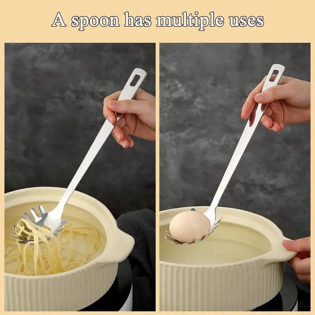 Alt view image 4 of 7 - Spaghetti Spoon, ReaNea Pasta Server, Stainless Steel Pasta Spoon with Teeth, One-Piece Metal Pasta Fork, Noddle Fork Kitchen Utensils, Heat Resistant, Dishwasher Safe, Easy to Clean