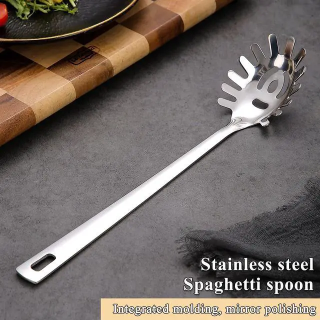 Alt view image 3 of 7 - Spaghetti Spoon, ReaNea Pasta Server, Stainless Steel Pasta Spoon with Teeth, One-Piece Metal Pasta Fork, Noddle Fork Kitchen Utensils, Heat Resistant, Dishwasher Safe, Easy to Clean