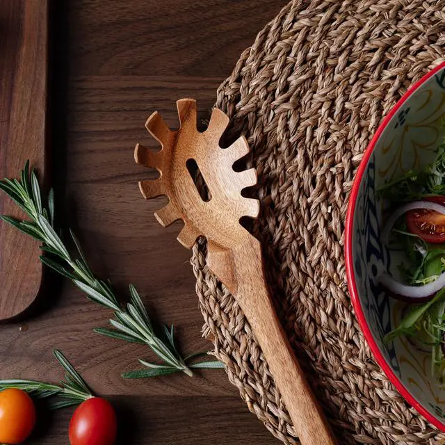 Alt view image 4 of 7 - Wooden Pasta Spoon with Teeth Spaghetti Fork Tongs 13'' Pasta Forks Serving Utensils Acacia Wood Spaghetti Server Spoons Ladle Pastas Spatula Kitchen Tool Spaghettis Scoop Strainer Noodle Spoon