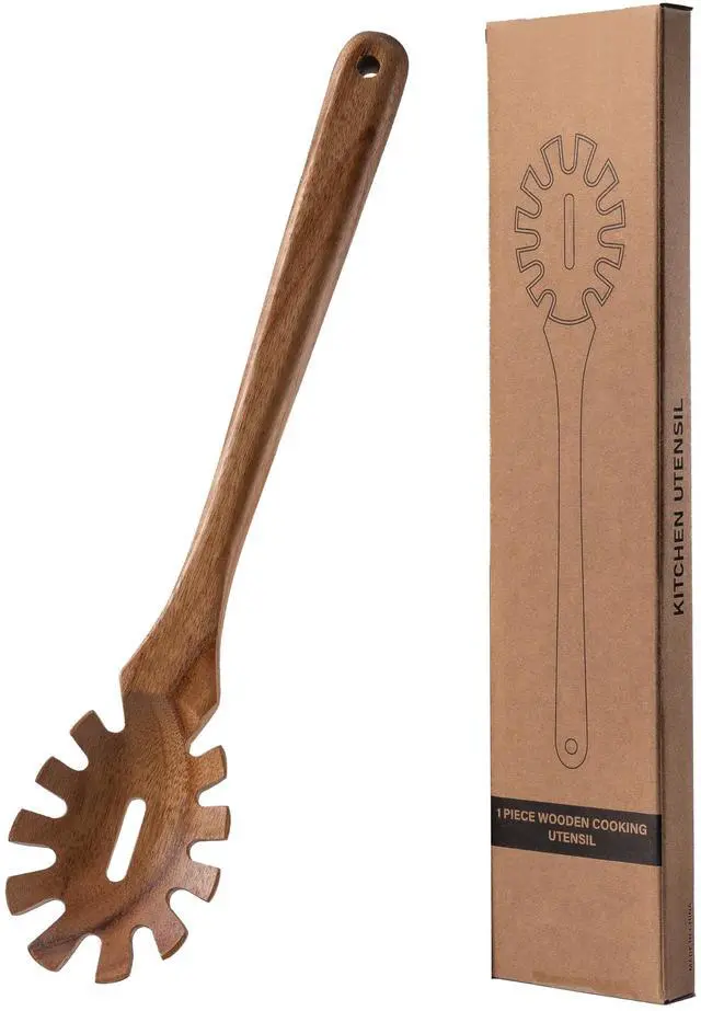 Main image of Wooden Pasta Spoon with Teeth Spaghetti Fork Tongs 13'' Pasta Forks Serving Utensils Acacia Wood Spaghetti Server Spoons Ladle Pastas Spatula Kitchen Tool Spaghettis Scoop Strainer Noodle Spoon