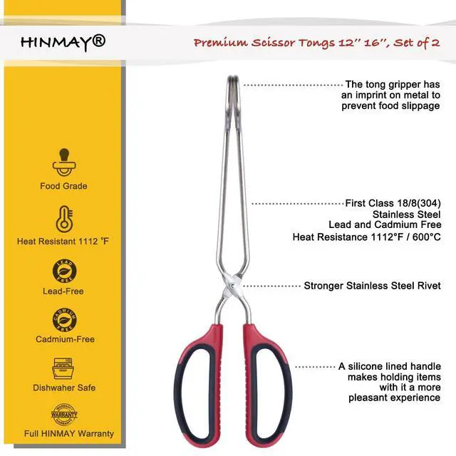 Alt view image 2 of 7 - 12" 16" Extra Long Stainless Steel Kitchen Scissor Tongs Set (Red)