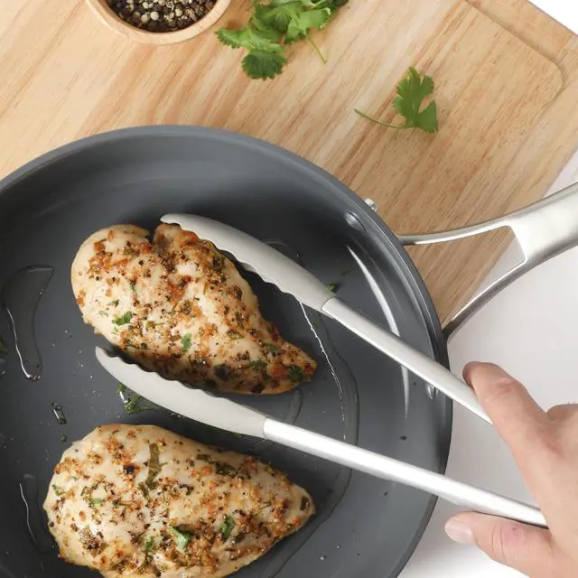 Alt view image 2 of 7 - Edge Kitchen Tongs, Stainless Steel Locking Tongs with Heat-Resistant Silicone Heads, Nonstick-Safe Cooking Tongs for Grilling, Serving & Food Prep, Taupe