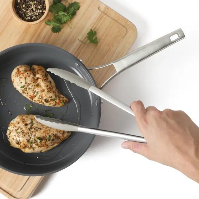 Alt view image 5 of 7 - Edge Kitchen Tongs, Stainless Steel Locking Tongs with Heat-Resistant Silicone Heads, Nonstick-Safe Cooking Tongs for Grilling, Serving & Food Prep, Taupe