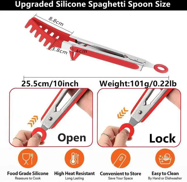 Alt view image 2 of 7 - Upgraded Silicone Spaghetti Spoon & Pasta Tong,Non-stick Sturdy Pasta Fork with Teeth,Stainless Steel Handle Spaghetti Tong, Food Clip for Spaghetti Noodles,Server Spoon for Cooking and Serving(Black)