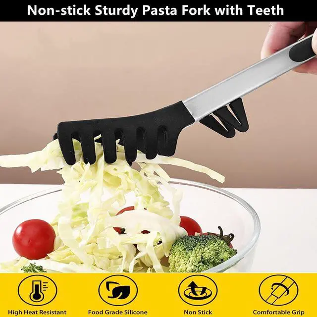 Alt view image 4 of 7 - Upgraded Silicone Spaghetti Spoon & Pasta Tong,Non-stick Sturdy Pasta Fork with Teeth,Stainless Steel Handle Spaghetti Tong, Food Clip for Spaghetti Noodles,Server Spoon for Cooking and Serving(Black)