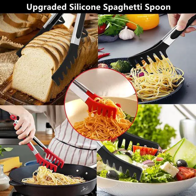 Alt view image 7 of 7 - Upgraded Silicone Spaghetti Spoon & Pasta Tong,Non-stick Sturdy Pasta Fork with Teeth,Stainless Steel Handle Spaghetti Tong, Food Clip for Spaghetti Noodles,Server Spoon for Cooking and Serving(Black)