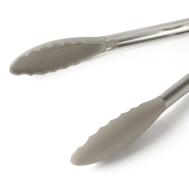 Alt view image 6 of 7 - Edge Kitchen Tongs, Stainless Steel Locking Tongs with Heat-Resistant Silicone Heads, Nonstick-Safe Cooking Tongs for Grilling, Serving & Food Prep, Taupe