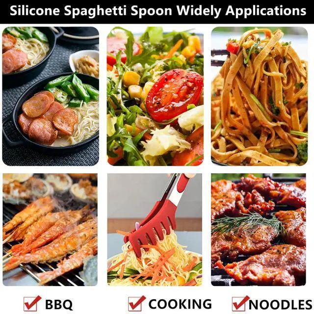 Alt view image 6 of 7 - Upgraded Silicone Spaghetti Spoon & Pasta Tong,Non-stick Sturdy Pasta Fork with Teeth,Stainless Steel Handle Spaghetti Tong, Food Clip for Spaghetti Noodles,Server Spoon for Cooking and Serving(Black)