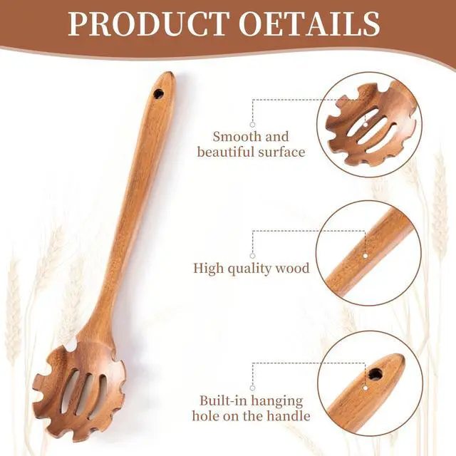 Alt view image 3 of 7 - Pasta Spoon with Teeth Wooden Spoons for Cooking Acacia Wood Spaghetti Spoon Pasta Fork Noodle Scoop,Elaborately Polished Wooden Spaghetti Server with Teeth