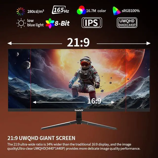 Alt view image 6 of 7 - Gawfolk 34 Inch Ultrawide Gaming Monitor, 165Hz UWQHD (3440x1440) Screen | FreeSync, PIP/PBP Mode, Dual HDMI 2.0 & DP 1.4, VESA, Assist Crosshair