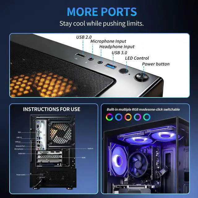 Alt view image 6 of 7 - QEHI Gaming PC Desktop AMD Ryzen 5 3500X DDR4 RX560 16G 512GB SSD Black WiFi 6, RGB Lighting