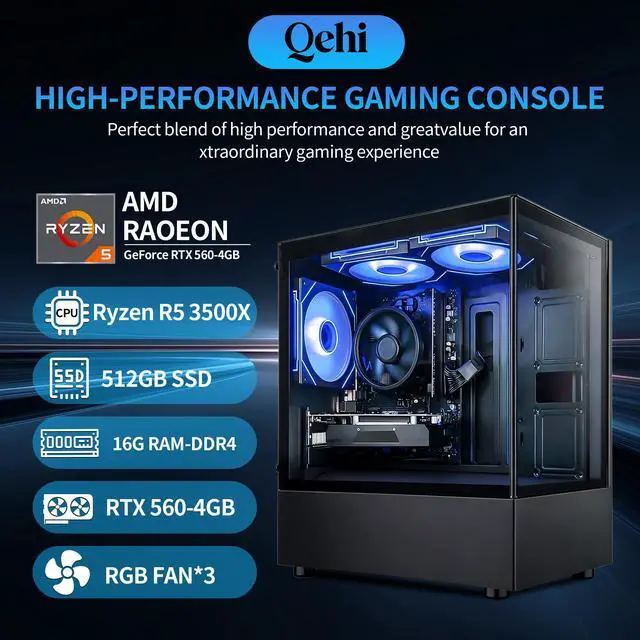 Alt view image 2 of 7 - QEHI Gaming PC Desktop AMD Ryzen 5 3500X DDR4 RX560 16G 512GB SSD Black WiFi 6, RGB Lighting