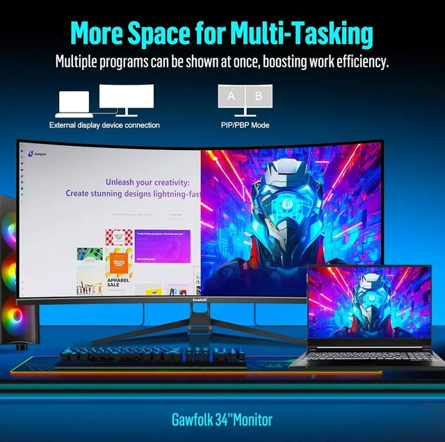 Alt view image 4 of 7 - Gawfolk 34Inch Curved Ultrawide Gaming Monitor, 3440×1440 UWQHD 21:9, 165Hz,1ms GTG,1500R Curved VA Panel,AdaptiveSync,DP 1.4 HDMI 2.1,VESA Mountable Builtin Speakers