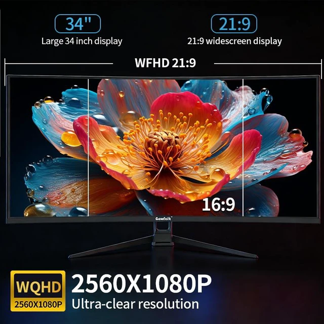 Alt view image 2 of 7 - Gawfolk 34" Curved Ultrawide Gaming Monitor, 21:9 Aspect Ratio WQHD 2560 x 1080, 120Hz Refresh Rate, 100% sRGB Wide Color Gamut, 3000:1 Contrast Ratio, Freesync, VESA Mount 75x75mm, Tilt Adjustment fo