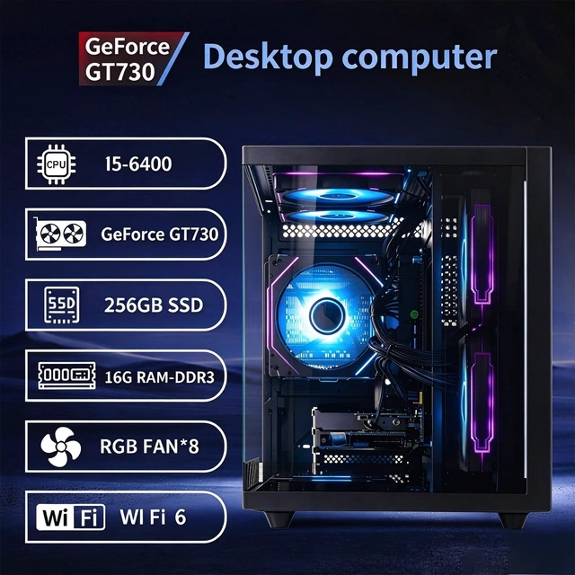 Alt view image 3 of 7 - Suevery PC Desktop, Computer, i5-6400, 16GB DDR3 RAM, 256GB SSD, GT730 2GB Graphics Card, RGB , Tempered Glass Case, Home Office Desktop, Student PC, Desktop Tower, Business Com