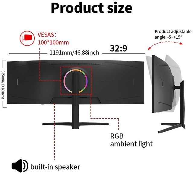 Alt view image 7 of 7 - Gawfolk 49 Inch Curved Ultrawide Gaming Monitor, 5K WQHD 5120×1440P, 165Hz, 1500R Curved VA Panel, 100% sRGB, 3000:1 Contrast, FreeSync, Built-in Speakers, VESA Mountable, 32:9 Aspect Ratio