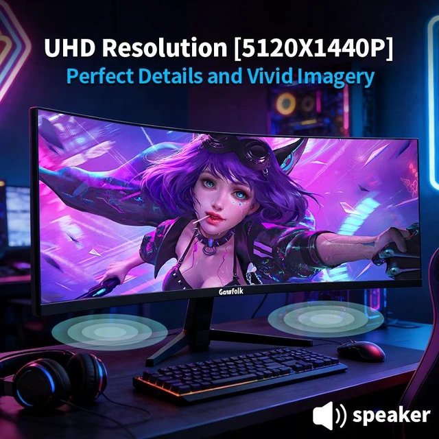 Alt view image 4 of 7 - Gawfolk 49 Inch Curved Ultrawide Gaming Monitor, 5K WQHD 5120×1440P, 165Hz, 1500R Curved VA Panel, 100% sRGB, 3000:1 Contrast, FreeSync, Built-in Speakers, VESA Mountable, 32:9 Aspect Ratio