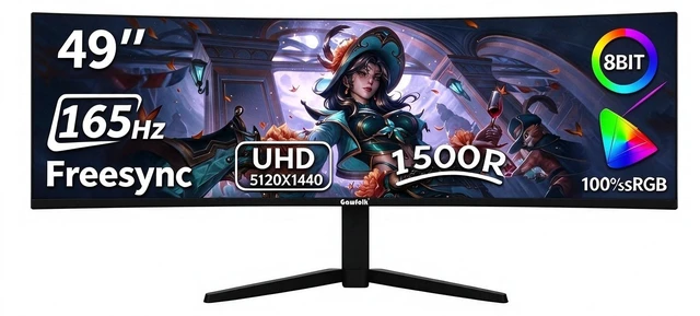 Main image of Gawfolk 49 Inch Curved Ultrawide Gaming Monitor, 5K WQHD 5120×1440P, 165Hz, 1500R Curved VA Panel, 100% sRGB, 3000:1 Contrast, FreeSync, Built-in Speakers, VESA Mountable, 32:9 Aspect Ratio