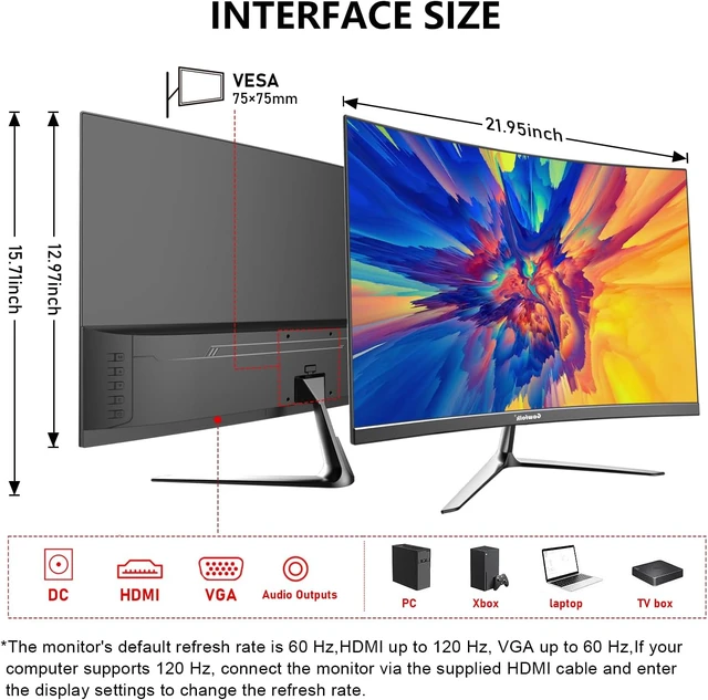 Alt view image 2 of 7 - Gawfolk 24.5 Inch Gaming Curved Monitor 3000R 120Hz PC Screen Full HD 1080P