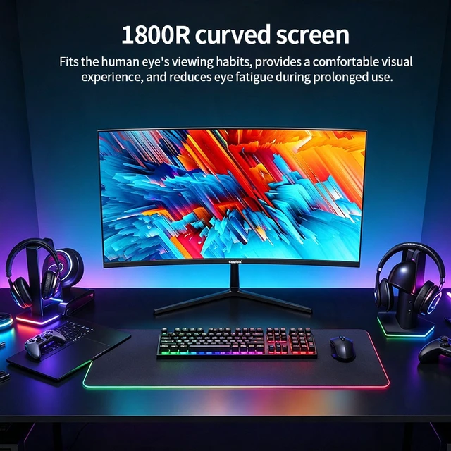 Alt view image 3 of 7 - Gawfolk 27" 180Hz Curved Gaming Monitor FHD 1920x1080, Adaptive Sync, 1800R, 16.7M Colors, 100% sRGB, VESA Mountable, Tilt Adjustable