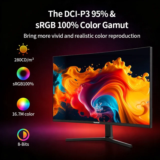 Alt view image 5 of 7 - Gawfolk 27" 180Hz Curved Gaming Monitor FHD 1920x1080, Adaptive Sync, 1800R, 16.7M Colors, 100% sRGB, VESA Mountable, Tilt Adjustable