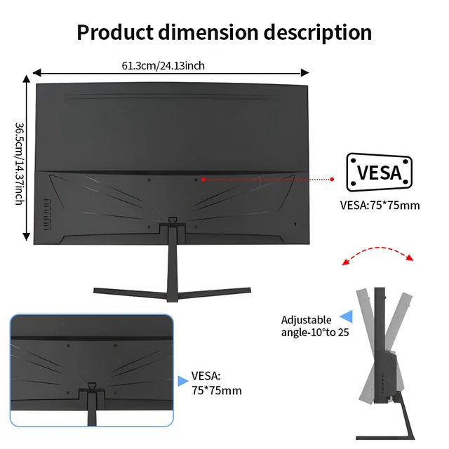 Alt view image 7 of 7 - Gawfolk 27" 180Hz Curved Gaming Monitor FHD 1920x1080, Adaptive Sync, 1800R, 16.7M Colors, 100% sRGB, VESA Mountable, Tilt Adjustable