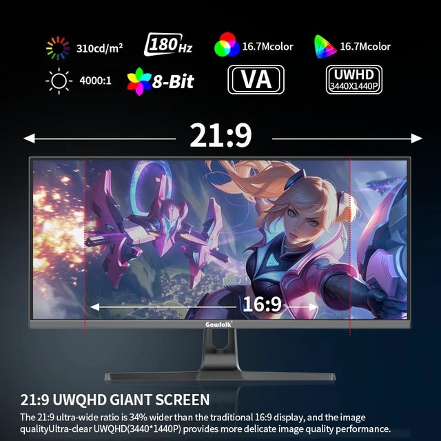 Alt view image 4 of 7 - Gawfolk 34" Curved Gaming Monitor, UWQHD 3440×1440, 180Hz, 1500R Curved, 21:9 Ultrawide, Low Blue Light Eye Protection, 4000:1 Contrast, 100% sRGB, 8-Bit, HDMI DP, Ultra Wide Computer Monitor for PC G