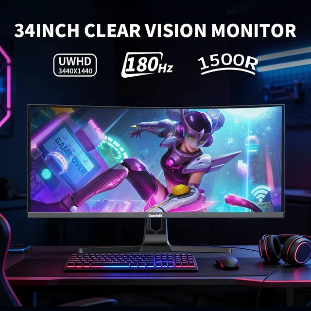 Alt view image 3 of 7 - Gawfolk 34" Curved Gaming Monitor, UWQHD 3440×1440, 180Hz, 1500R Curved, 21:9 Ultrawide, Low Blue Light Eye Protection, 4000:1 Contrast, 100% sRGB, 8-Bit, HDMI DP, Ultra Wide Computer Monitor for PC G