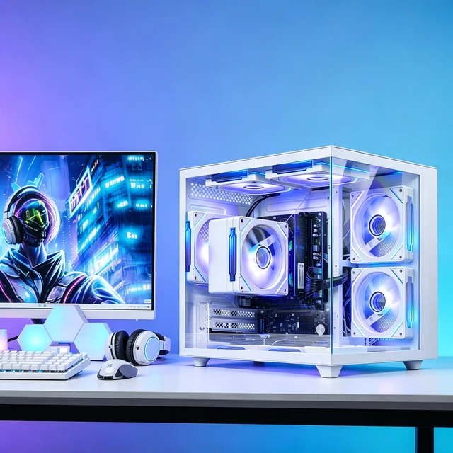 Alt view image 6 of 7 - Qehi Desktop Tower PC, Ryzen 5 3400G , 16GB DDR4 RAM, 512GB 2.5" SATA SSD, RGB Lighting, White Desktop Computer for Home Office Daily Use
