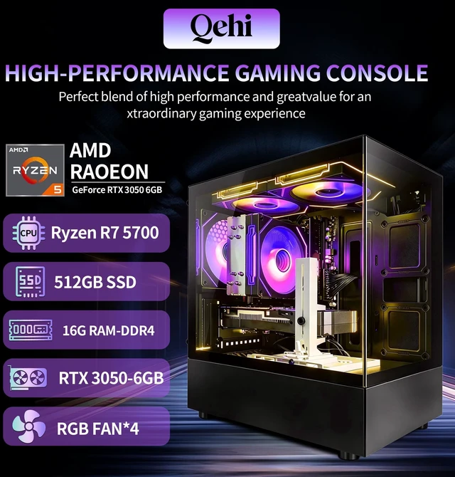Alt view image 5 of 7 - Qehi Gaming PC Desktop, Ryzen 7 5700X, RTX 3050 6GB, 16GB DDR4 RAM, 512GB NVMe SSD, WiFi 6, Black Prebuilt Gaming Computer Tower