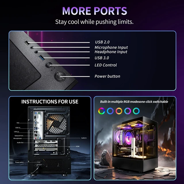 Alt view image 3 of 7 - Qehi Gaming PC Desktop, Ryzen 7 5700X, RTX 3050 6GB, 16GB DDR4 RAM, 512GB NVMe SSD, WiFi 6, Black Prebuilt Gaming Computer Tower