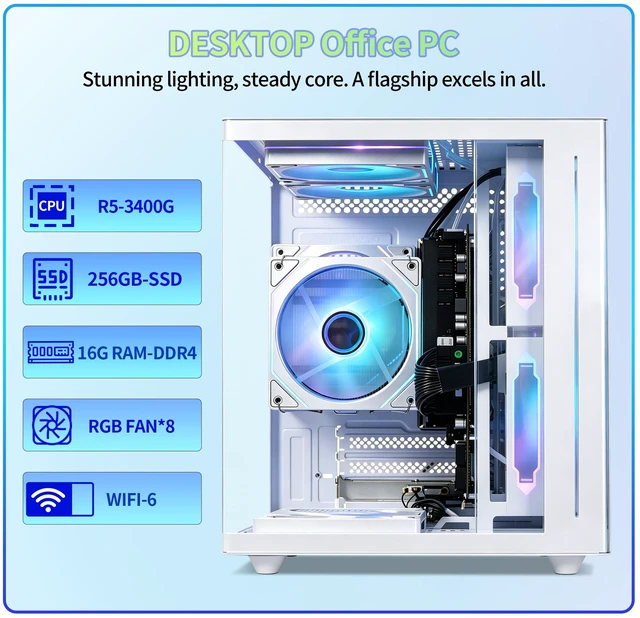 Alt view image 2 of 7 - Qehi Prebuilt Desktop PC, AMD Ryzen 5 3400G, 16GB DDR4 RAM, 256GB 2.5" SSD, White ARGB Tempered Glass Tower, Home Office & Student Desktop Computer