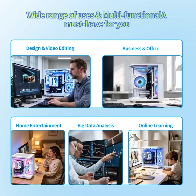 Alt view image 4 of 7 - Qehi Prebuilt Desktop PC, AMD Ryzen 5 3400G, 16GB DDR4 RAM, 256GB 2.5" SSD, White ARGB Tempered Glass Tower, Home Office & Student Desktop Computer