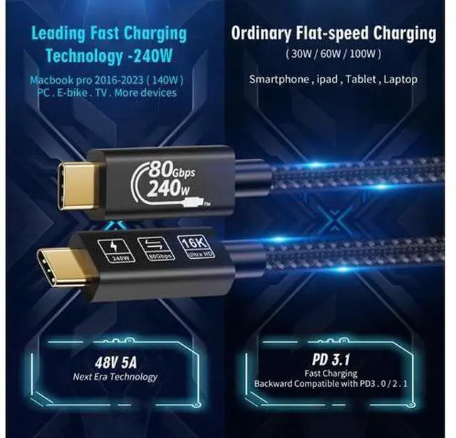Alt view image 6 of 7 - USB4 Cable, with Thunderbolt 5 Cable, 240 W Charging Cable, 80 Gbps Data Cable, gen4 cable,16K@60Hz 4K120Hz HDR, USB C to USB C Cable, for Hub, Dock, M2, M3, SSD, Laptops, Monitor (TB5 80G 240W 1M)