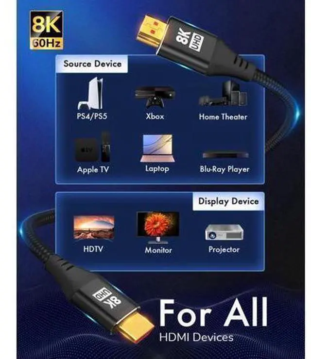 Alt view image 7 of 7 - 8K HDMI 2.1 Cable 16.4FT Kelink 48Gbps Ultra High Speed Black Braided HDMI Cord - Get 4k @ 120Hz On PS5 & Xbox Series X - Supports 8k @ 60Hz HDR eArc Dolby Vision & More