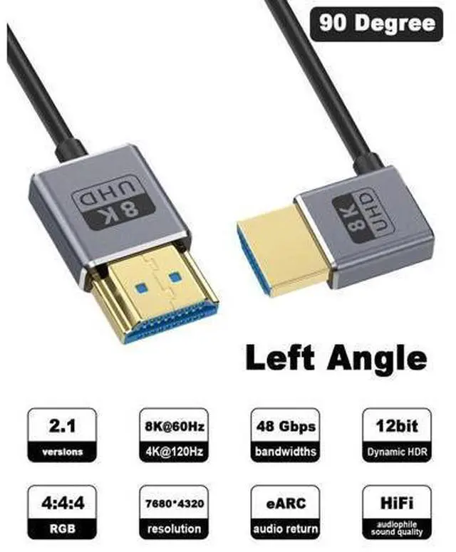 Alt view image 2 of 7 - 8K 90 Degree HDMI Cable, Left Angle HDMI Male to Male Cable,48Gbps Ultra Thin HDMI Cord OD2.5mm, Support 8K@60Hz, 4K@240Hz, Dynamic HDR, eARC, for GH5S, PS5, Xbox One Monitor,PC.4FT/120cm