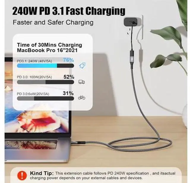Alt view image 2 of 7 - USB C 3.2 Extension Cable, 2PCS 20Gbps USB 3.2 Gen2 Type-C Male to Female Extender Cable Ultra HD 4K@60Hz 240W Charging Data Transfer Compatible with External SSD (2PCS Extension Cable 2M)