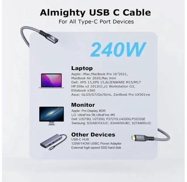 Alt view image 6 of 7 - USB C 3.2 Extension Cable, 2PCS 20Gbps USB 3.2 Gen2 Type-C Male to Female Extender Cable Ultra HD 4K@60Hz 240W Charging Data Transfer Compatible with External SSD (2PCS Extension Cable 2M)