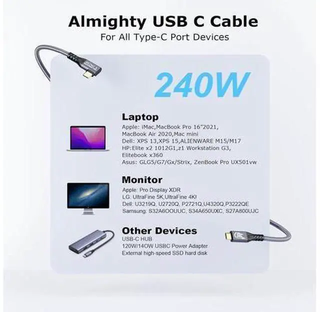 Alt view image 7 of 7 - USB C 3.2 Gen2 20Gbps Cable, 2PCS 90Degree Type C 4K@60Hz UHD Video 5A/240W PD3.1 Fast Charge Cord with E-Marker Compatible with Thunderbolt 3/4 for 15Pro MacBook (2PCS 90Degree 20G 240W 2M)