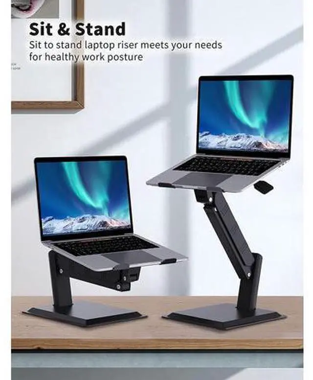 Alt view image 3 of 7 - Large Laptop Stand for Desk, Sit to Stand Working Converter, Adjustable Height Multi-Angle, Ergonomic Metal Riser Holder with Stable Heavy Base for 10 to 17.3 Notebook PC Computer, Black