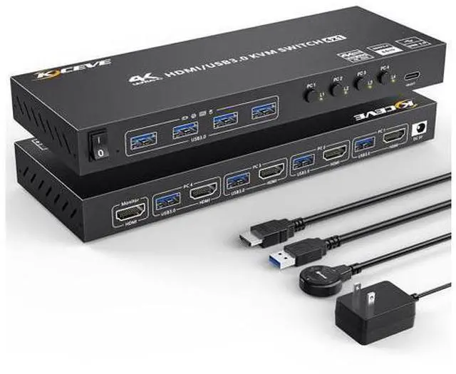 Main image of USB 3.0 KVM Switch HDMI 4 Port Support 4K@60Hz 2K@120Hz RGB 4:4:4 Simulation EDID, HDMI USB Switch 4 in 1 Out and 4 USB 3.0 Port for Keyboard Mouse Printer,with Controller,USB3.0 Cables and HDMI Cable