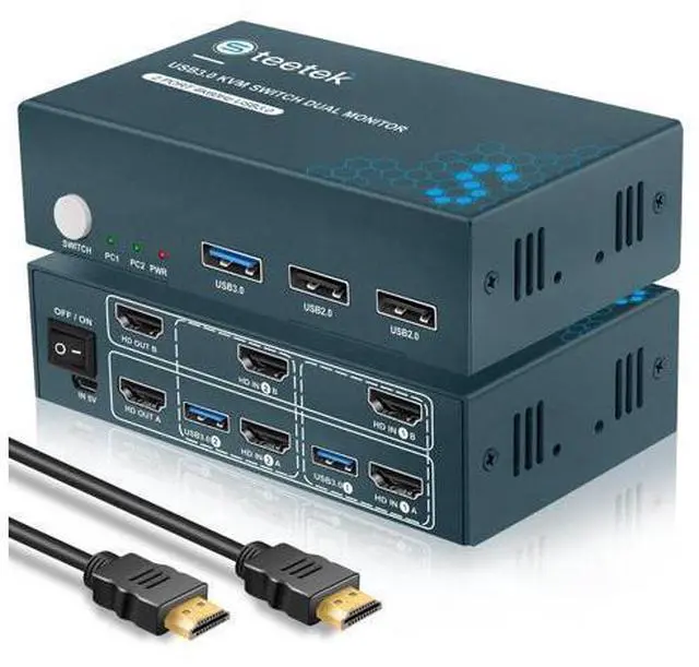 Main image of Steetek USB 3.0 Kvm Switch Dual Monitor HDMI 2 Port, Kvm Switch 4K@60Hz 2 Computers Share 2 Monitors and 1 Keyboard Mouse, HDMI Kvm Switch Dual Display, Button Switch with 2 USB 3.0 and 4 HDMI Cable