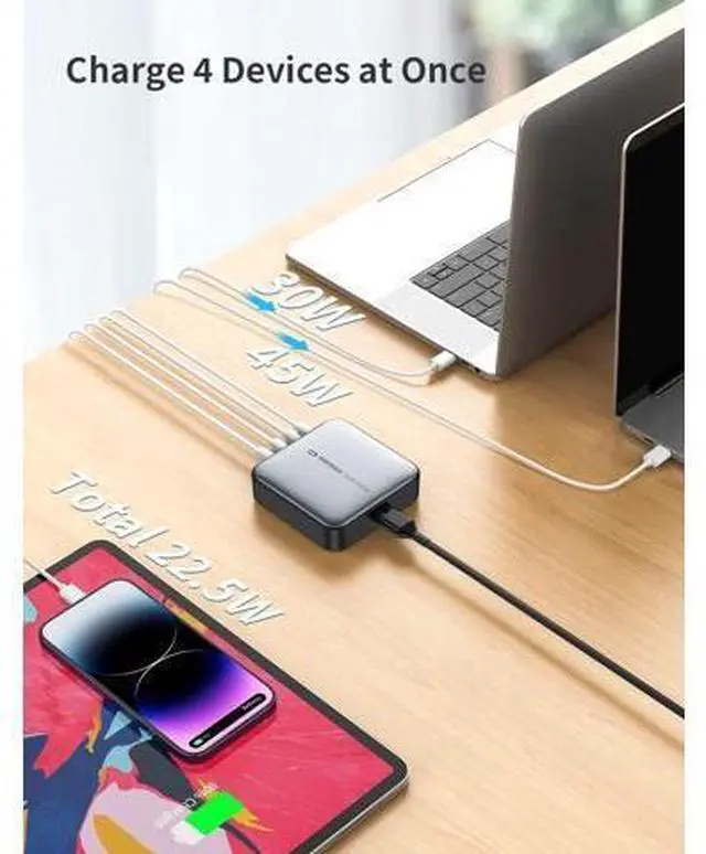 Alt view image 5 of 7 - MOMAX USB C Charging Station, 100W GaN USB C Charger with 6.56ft Cord, Fast USB C PD Charger Hub with 2USB-C, 2USB-A, USB C to Lightning Cable Nylon Braided MFI 1ft Short Charging Syncing Cord
