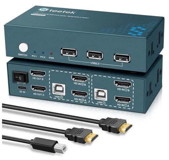 Main image of Dual Monitors KVM Switch 2 Port 4K@60Hz, HDMI KVM Switch 2 Monitors 2 Computers with 3 USB 2.0 Hub, Share Keyboard Mouse Printer, Button Switch & Adaptive EDID
