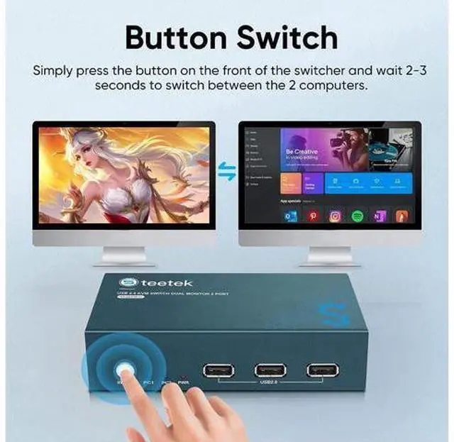 Alt view image 5 of 7 - Dual Monitors KVM Switch 2 Port 4K@60Hz, HDMI KVM Switch 2 Monitors 2 Computers with 3 USB 2.0 Hub, Share Keyboard Mouse Printer, Button Switch & Adaptive EDID