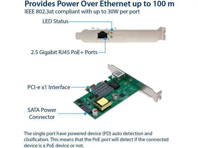 Alt view image 3 of 4 - IO Crest 2.5 Gigabit POE+ PCI-e x1 Ethernet Network Card