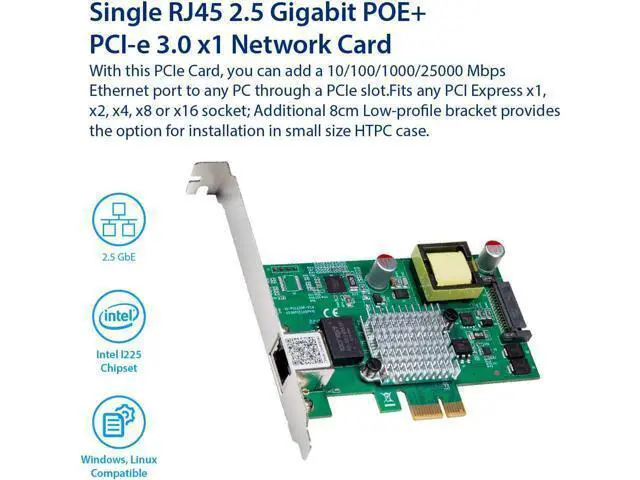 Alt view image 2 of 4 - IO Crest 2.5 Gigabit POE+ PCI-e x1 Ethernet Network Card