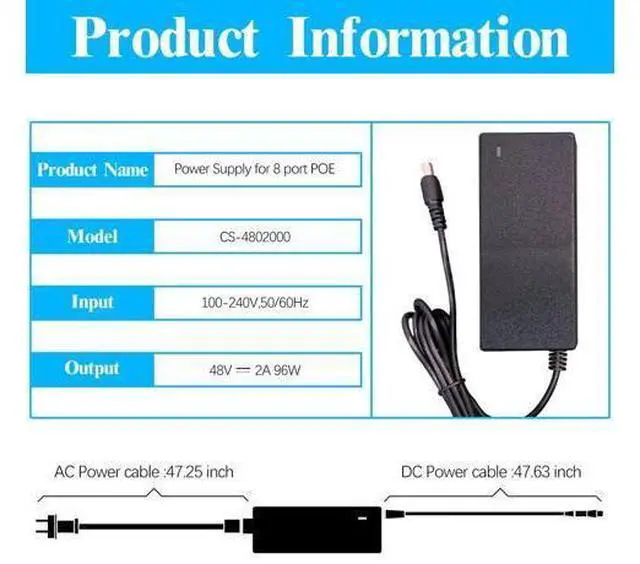 Alt view image 4 of 5 - 48V 2A Power Supply Adapter Compatible with 8 Port POE NVR, AC 100-240V to DC 48V 2A Power Adapter Charger ONLY for OOSSXX Security Camera
